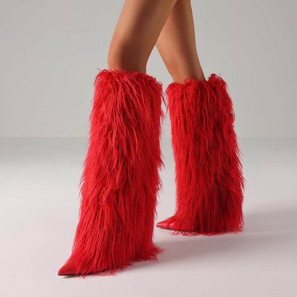 Women's B-Red Fur Knee High Heels Wide Calf Fold Over Fashion Boots Shoes - Picture 6 of 6